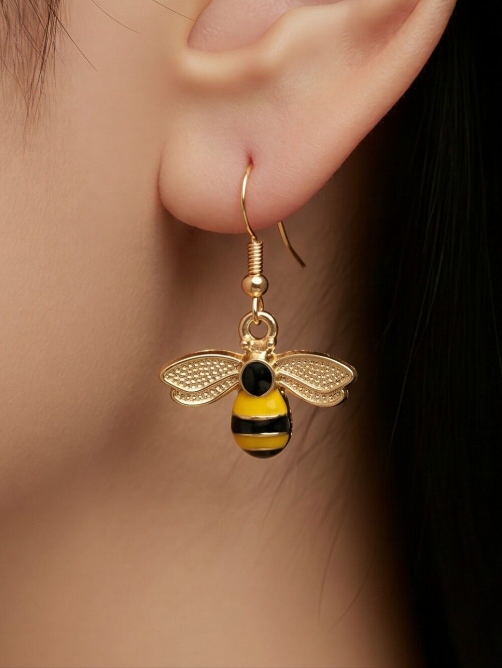 Bee Honeycomb Mismatched Earrings Gold Dangle Enamel Honeybee Nature Garden Chic